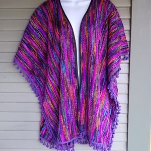 Crazy Train Open Pancho Cardigan Rainbow Pompom OS